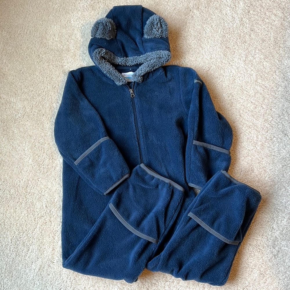 EUC toddler 18-24 month, blue Columbia hooded fleece bunting suit.